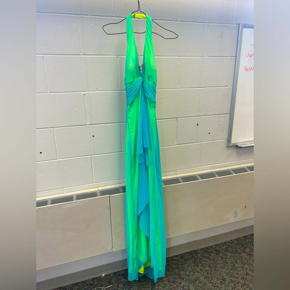 Mary L Couture Gown, Chartreuse, blue overlay, size 8